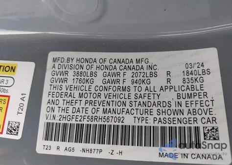 2024 Honda Civic Sport из США, поврежденный, VIN 2HGFE2F58RH567092